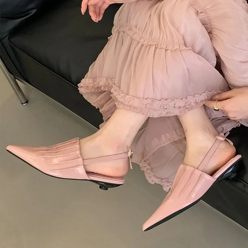 Pointed Pleated Low Heel Shallow Slingback Shoes New Brand Designer Lace Office Mule Shoes