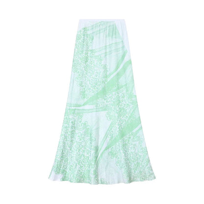 American Print Green Aline Skirt Summer New High Waist All Match Patchwork Midlength Skirt