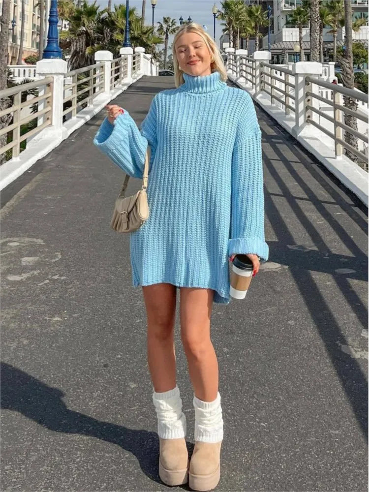Autumn Winter Blue Sweater Dress High Collar Knit Short Dress Loose Straight Flare Sleeve Dress