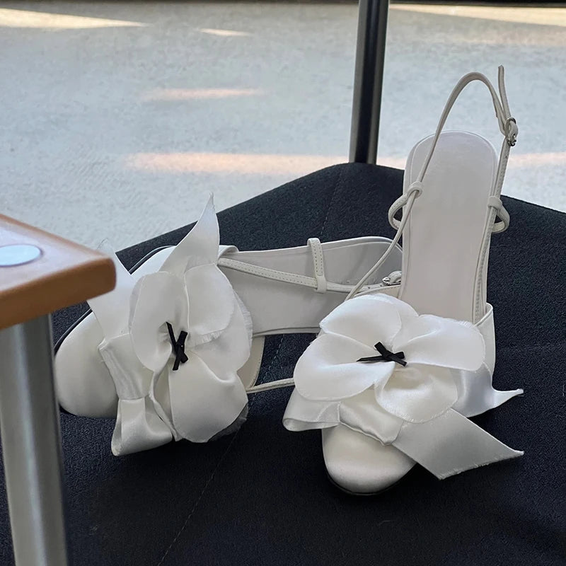 White Flower Sandals Round Toe Black Bow Detail Hollow Slingback Buckle Stiletto Heels Summer Party Dress Shoes