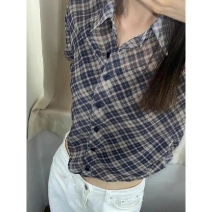 Korean Contrast Color Plaid Shortsleeved Shirt Summer New Polo Collar Multibutton Seethrough Crop Tops