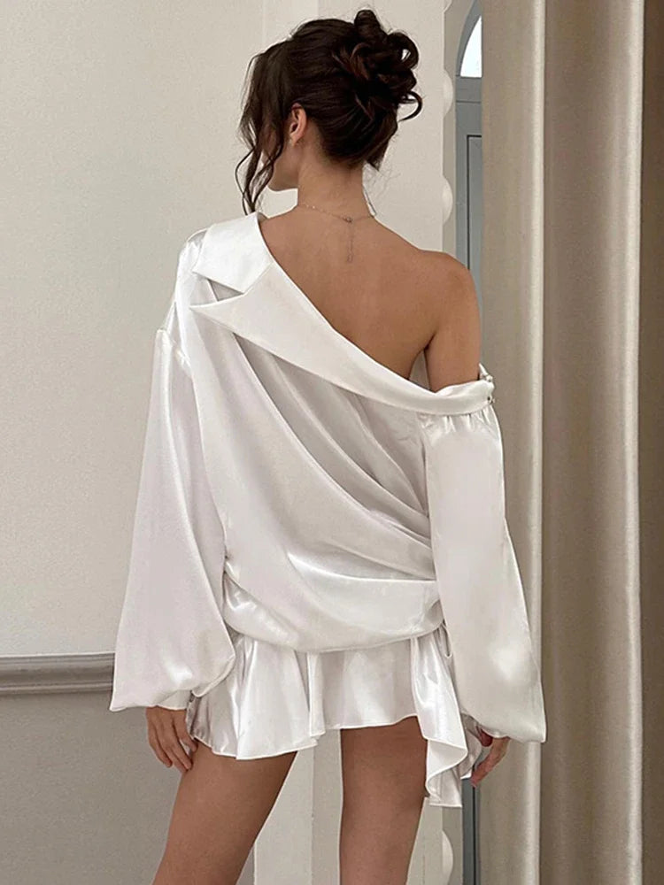 Draped Mini Dress for Backless Irregular Skew Collar Long Sleeve Party Dresses High Waist