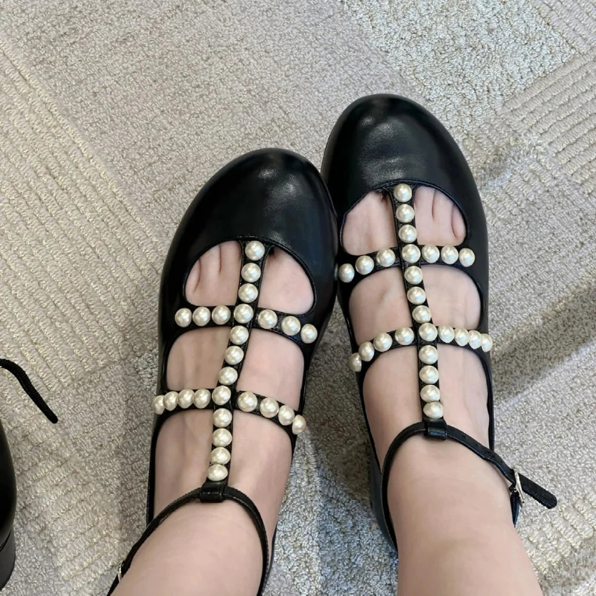 Pearl Tshaped Ballet Shoes for , Shallow Mouthed Flat Bottomed Mary Jane Shoes, Fairy Round Toe Single Shoes