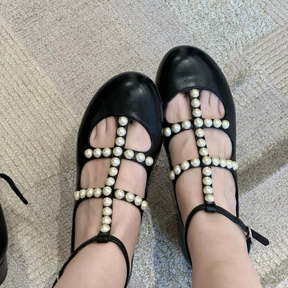 Pearl Tshaped Ballet Shoes for , Shallow Mouthed Flat Bottomed Mary Jane Shoes, Fairy Round Toe Single Shoes