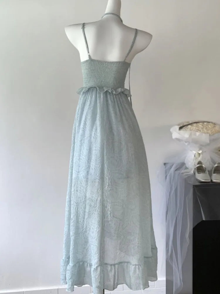 Korean Fairycore Midi Dress for Sweet Spaghetti Strap Halter Ruffles Birthday Party Dresses Summer Holiday Beach Vestidos