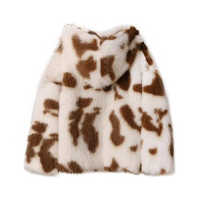 Sweet Harajuku Y2k Oversized Leopard Faux Fur Coat Winter Thicken Fox Fur Jacket Hooded Overcoat Outerwear