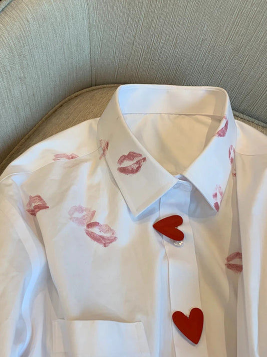French Style Turn Down Collar Blouse Spring Print Heart Button White Long Sleeve Blusas Harajuku Loose Lip Shirt