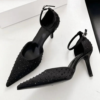 Rhinestone Pumps Pointed Toe Thin High Heels Ankle Strap Buckle Heeled Sandals Banquet Dress Shoes