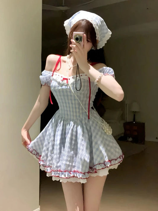 Japanese Kawaii Sweet Short Party Dress Sleeve Y2k Plaid Mini Dress Female Lolita Clothing Outfits