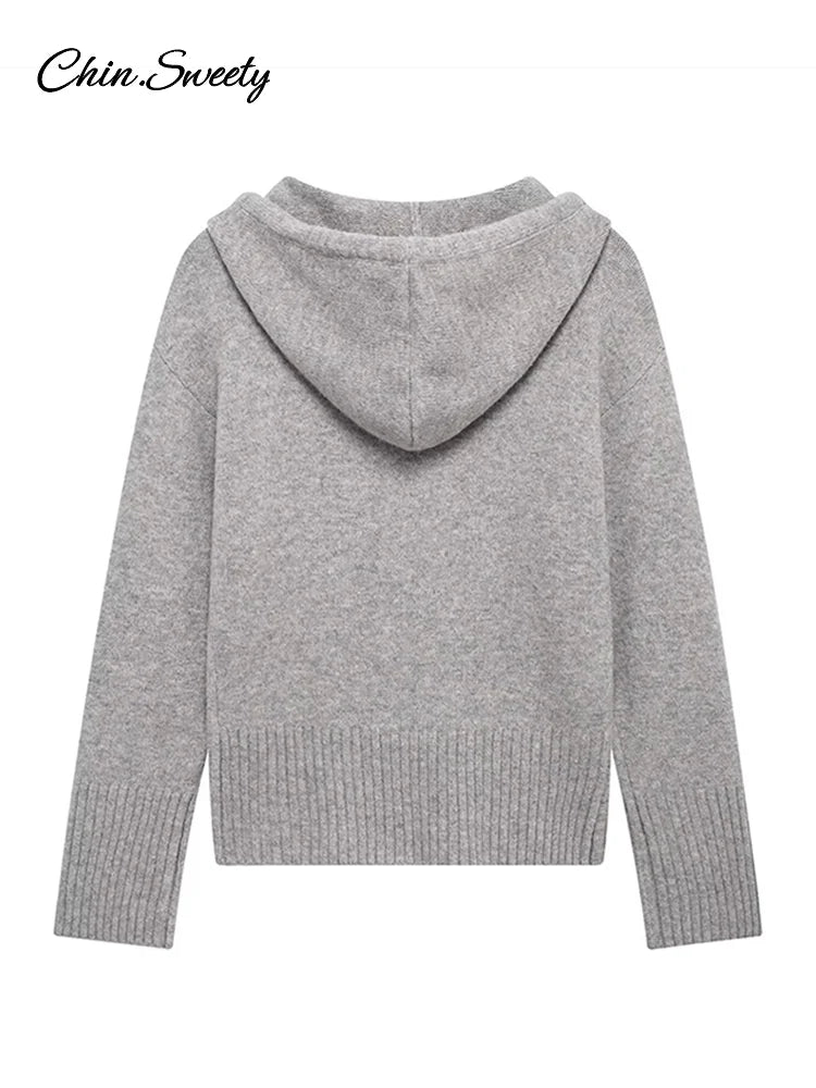 Hooded Cardigans Gray Long Sleeve Soft Zipper Ribbed Sweater Female Spring Simple Slim-fit Top New