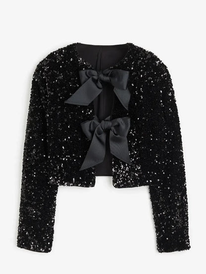 Sparking Bow Sequins Jacket Long Sleeve Shiny Coat Female Short Evening Party Christmas Outerwear