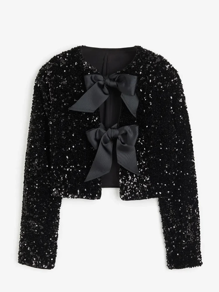 Sparking Bow Sequins Jacket Long Sleeve Shiny Coat Female Short Evening Party Christmas Outerwear