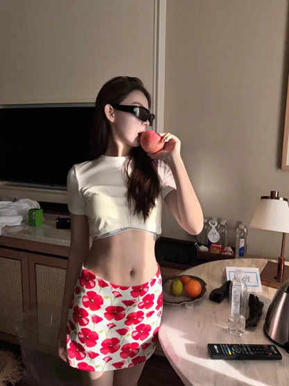 American Skirts Flower Print Design Low Waist Skirt Spring Summer New Instagram Spice Aline Y2k Skirt