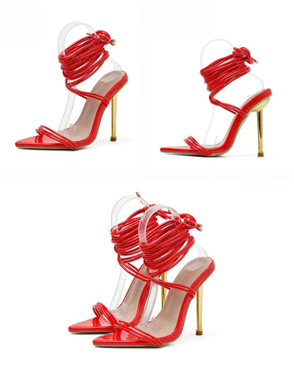 Summer 12cm Gladiator Heels Sandals for Pointed Open Toe Laceup Stiletto Strappy Wedding Shoes Black Red