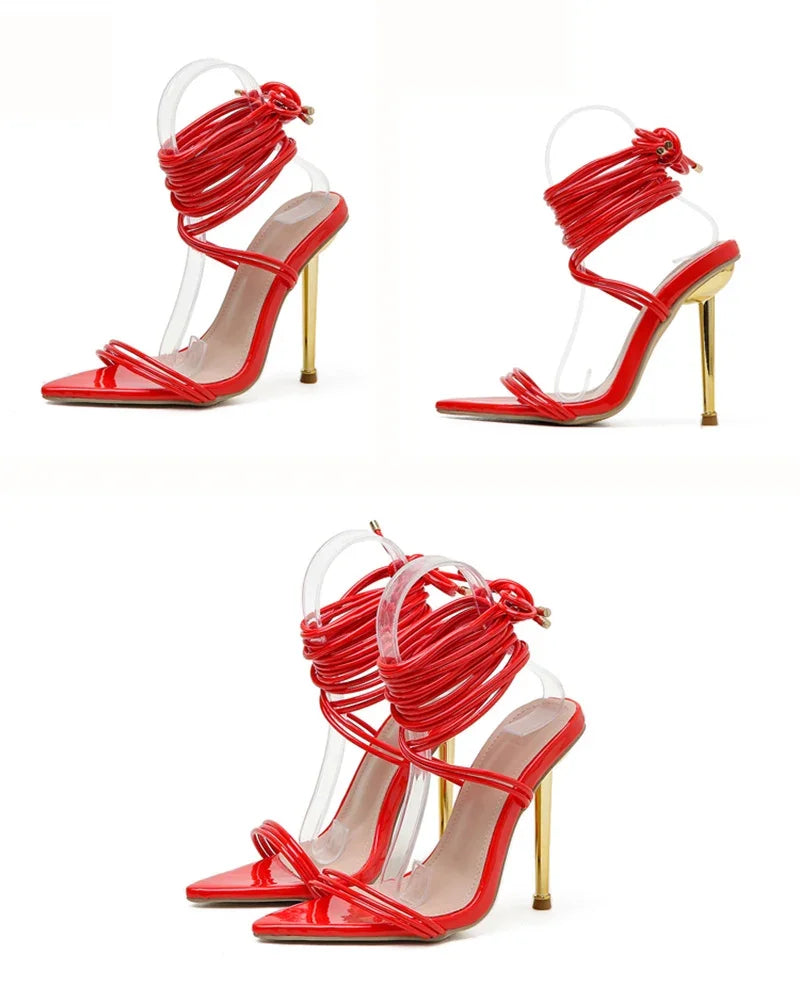 Summer 12cm Gladiator Heels Sandals for Pointed Open Toe Laceup Stiletto Strappy Wedding Shoes Black Red