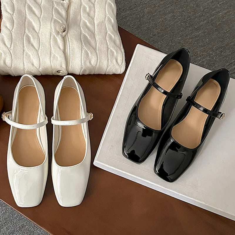 Spring Patent Leather Square Toe Buckle Strap Pumps Sandals Low Heels Party Dress Shoes