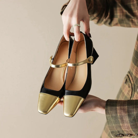 Spring/autumn Pumps Split Leather Shoes for Square Toe Chunky Heel High Heels Elegent Mixed Colors Mary Janes Shoes