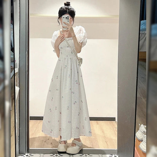 Large Size Summer New Bubble Sleeved Dress With Square Collar, French Kikyo Tea Break Long Skirt