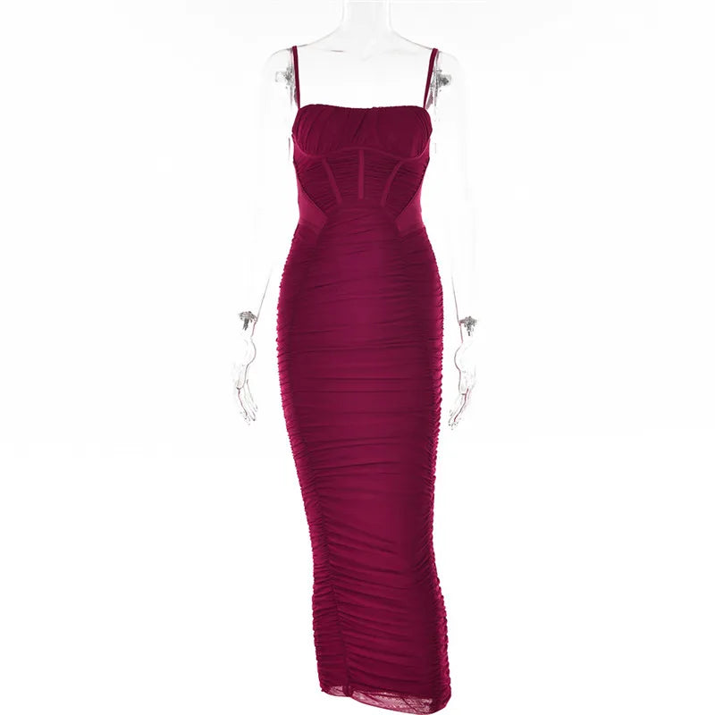 Mozision Corset Ruched Maxi Dress Spaghetti Strap Sleeveless Backless Zipper Long Dress Vestido