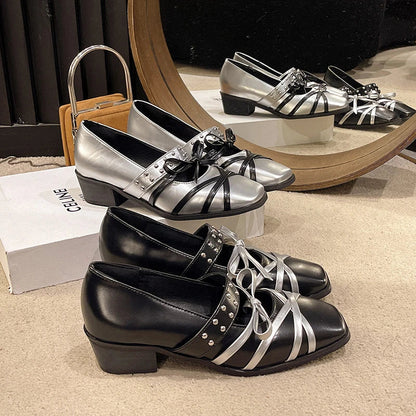 Bow Mid Heels Shoes Cross Belt Office Designer Sandals Summer Dress Loafers Chunky Shallow Punk Zapatos Mujer Pumps