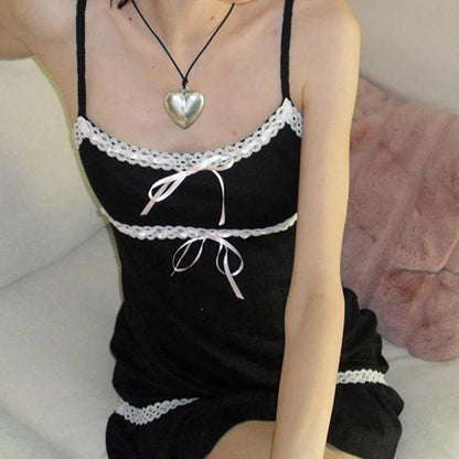 Y2k Contrast Lace Patchwork Aline Sleeveless Dress Coquette Aesthetic Bow Mini Dresses Holiday Party Outfits
