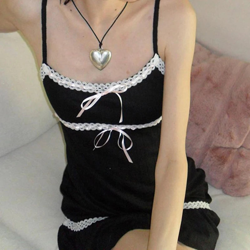 Y2k Contrast Lace Patchwork Aline Sleeveless Dress Coquette Aesthetic Bow Mini Dresses Holiday Party Outfits