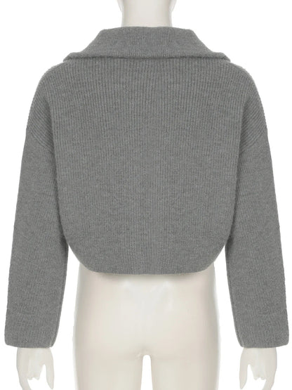 Zipper Knitted Cardigans Slim Turn-down Collar Long Sleeve Sweater Coats Autumn Winter