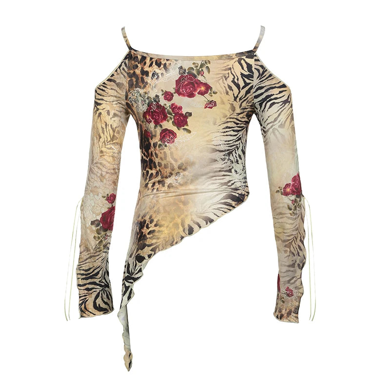 Asymmetric Tiger Pattern Rose Print T-shirt Y2k Long Sleeve Off Shoulder Suspender Top