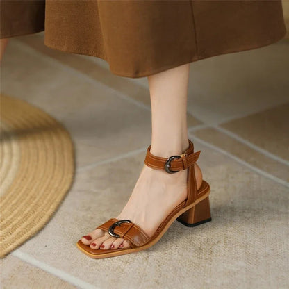 New Summer Shoes Square Toe Chunky Heel Sandals Cow Leather High Heels Band Shoes Black Shoes for
