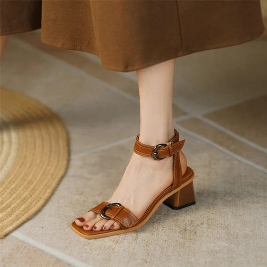 New Summer Shoes Square Toe Chunky Heel Sandals Cow Leather High Heels Band Shoes Black Shoes for