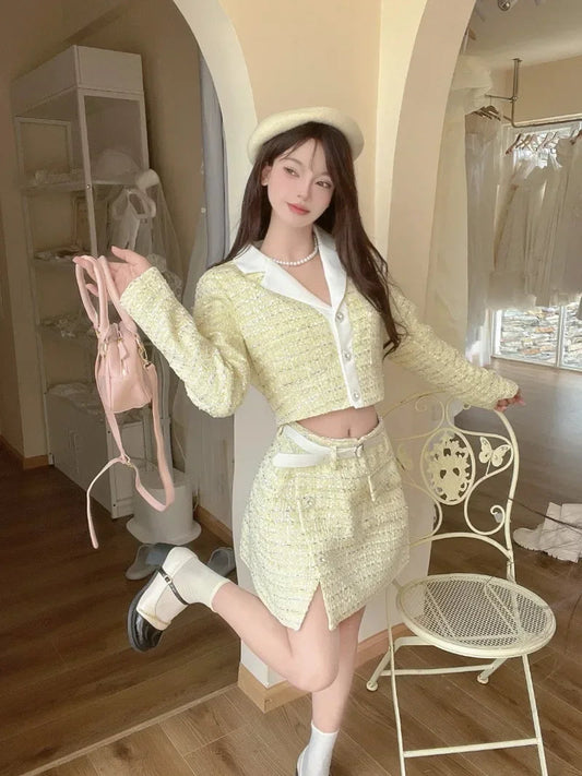 Sweet Hot Girl Suit Autumn Longsleeved Tweed Short Coat High Waist Aline Skirt Twopiece Set Female Clothes