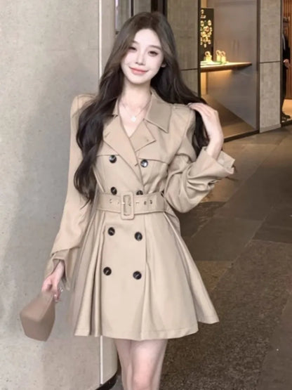 Autumn New Korean Trench Coat Dresses for With Belt Turn-down Collar Double Breasted Female Clothing