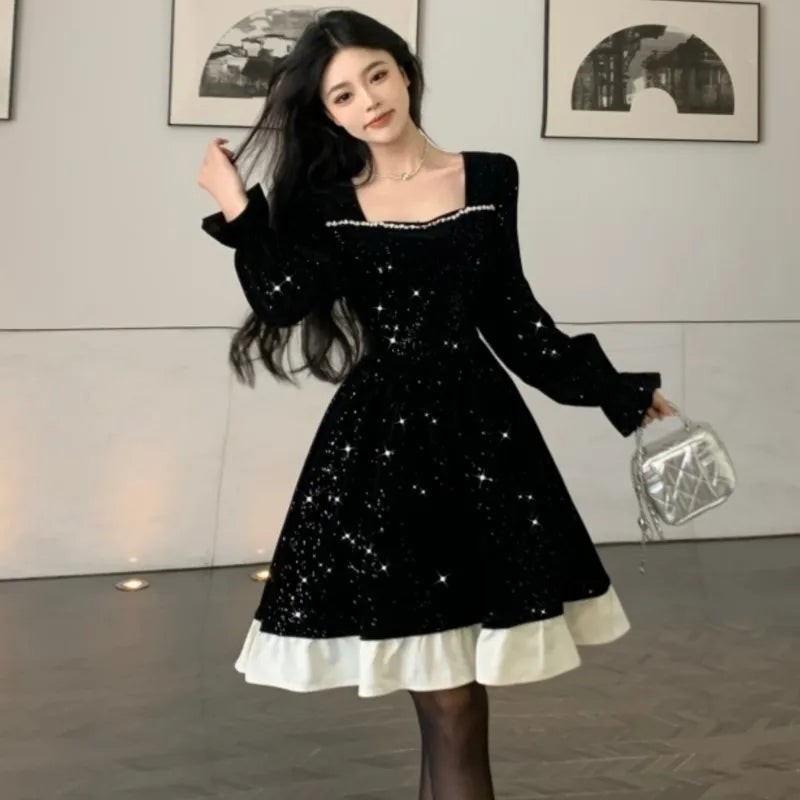 Autumn Shiny Velvet Midi Dresses for Long Sleeve Square Collar Oversize Ruffles Patchwork Christmas Party Dress Vestidos