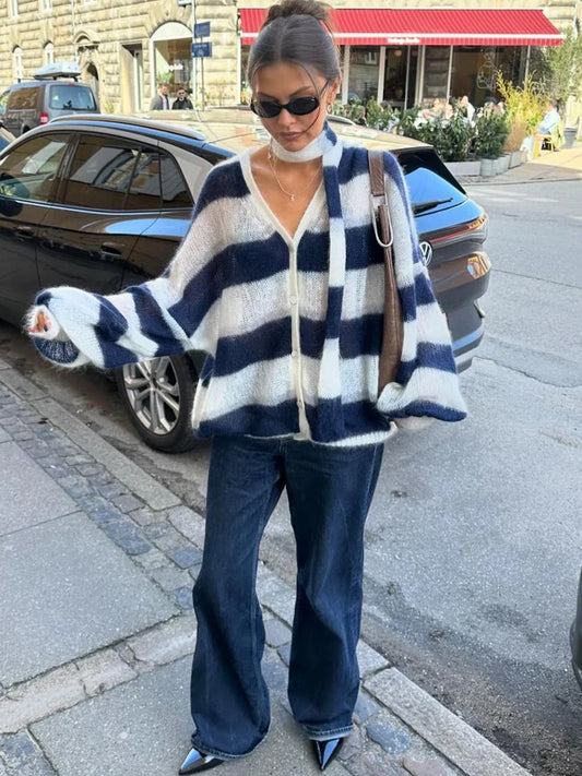 V-neck Scarf Sweater Cardigan Female Contrast Patchwork Autumn Hollow Out Outwear ’s Knitwear Coat Cardigan