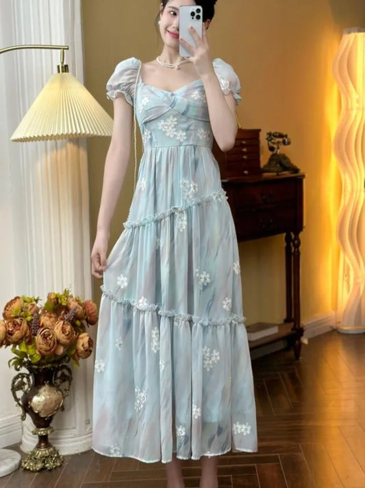 French Ruffles Midi Dresses for Lace Square Collar Puff Sleeve Princess Birthday Party Dress New