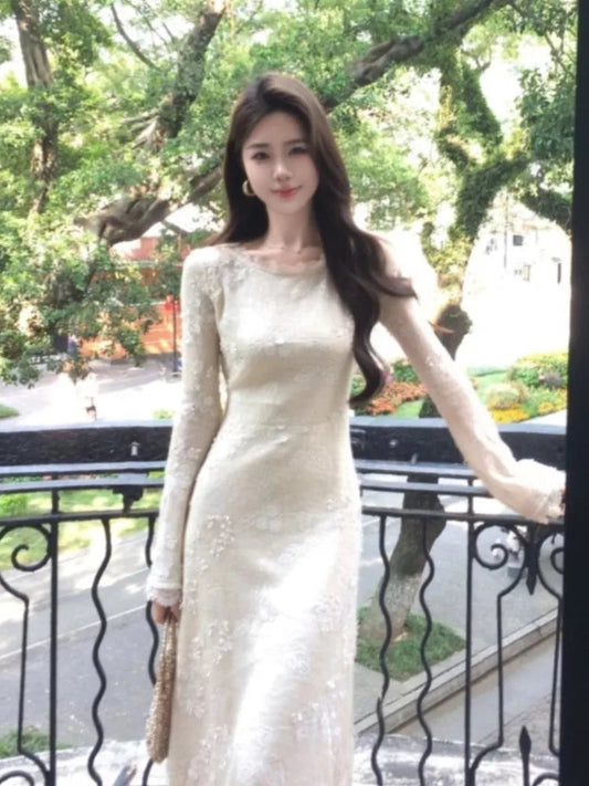 Lace Midi Dress for French Flare Sleeve Slim Aline Long Dresses Autumn Vestidos Female Clothing New