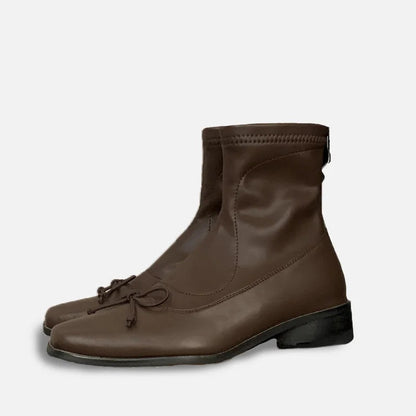 Brown Bow Back Zipper Ankle Boots Point Flat Head Square Heel Autumn Winter Shoes Sewing Thread Boot for Woman