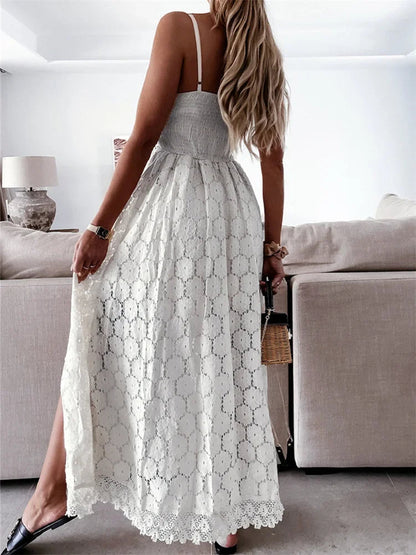 Summer Lace Playsuit V Neck Hollow Out Midi Dress