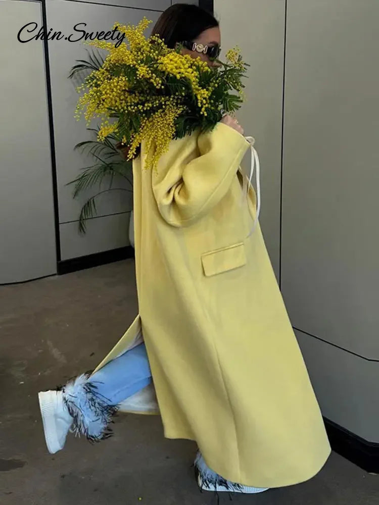 Woolen Long Coat Autumn Full Sleeve Button Fake Pocket Split Yellow Overcoat Oversize New in Outwear