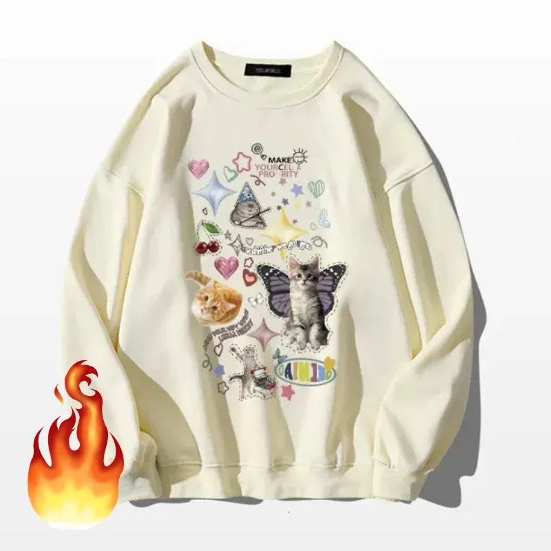 Kawaii Cat Print Hoodie Cutecore Long Sleeve Sweatshirt American Retro Egirl Kitten Angel Graphic Alt Clothes Y2k