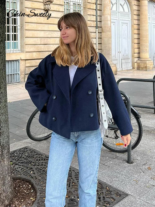 Loose Woolen Blends Coat Lapel Double Breasted Pockets Jackets Autumn Winter Lady Office Outwear New