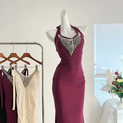 Sweet Hot Girl Diamond Halterneck Dress for Autumn Slim Fit Wrap Hip Mermaid Long Dress Female Clothes