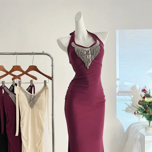 Sweet Hot Girl Diamond Halterneck Dress for Autumn Slim Fit Wrap Hip Mermaid Long Dress Female Clothes