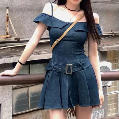 Denim Mini Dresses Ruffles Slash Neck Spring Summer Y2k Vestidos Mujer Korean Dress