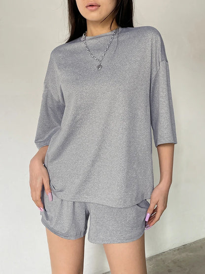 Gray O Neck Loose Basic Half Sleeve T Shirt and Shorts 2 Pieces Sets Leisure Homewear