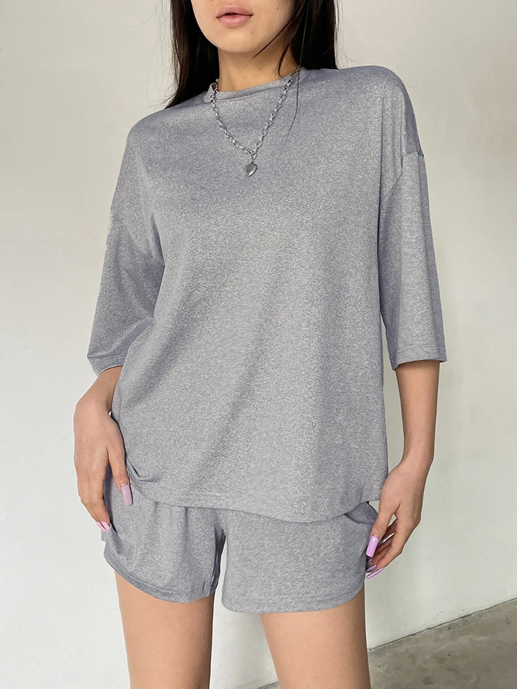 Gray O Neck Loose Basic Half Sleeve T Shirt and Shorts 2 Pieces Sets Leisure Homewear