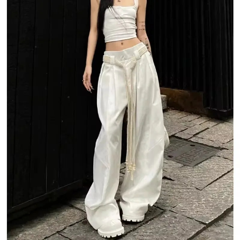 American Retro Pleated Draping White Pants Autumn New Loose Allmatch Wide Leg Pants With Belt