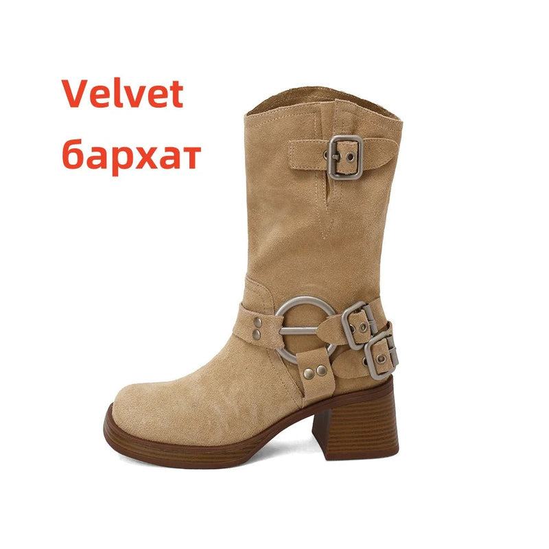Cow Suede Leather Midcalf Boots Thick High Heels Autumn Winter Warm High Boots Motorcycle Boots Shoes