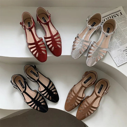 Tstrap Rome Flat Sandals Hollow Out Summer Mary Janes Shoes Pu Leather Holiday Gladiator Sandals