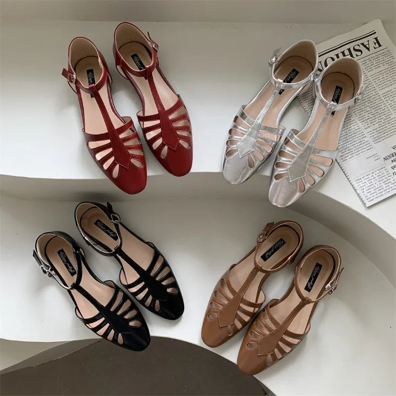 Tstrap Rome Flat Sandals Hollow Out Summer Mary Janes Shoes Pu Leather Holiday Gladiator Sandals